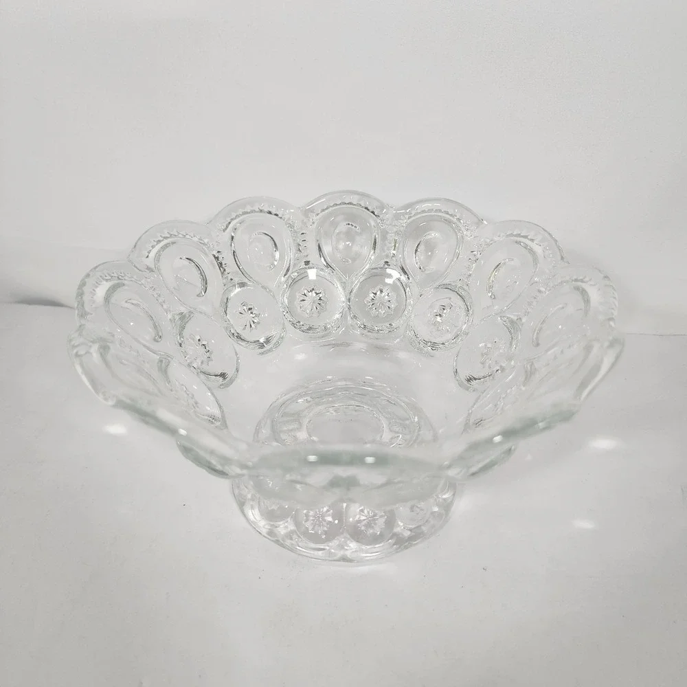 Vintage L.E. Smith Moon And Stars Clear Glass Pedestal Bowl Scalloped Edge 7